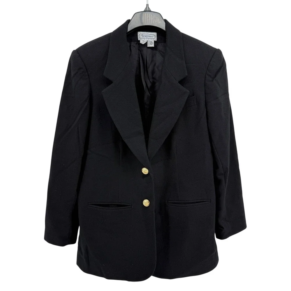 Vtg. Bridgewater Classics 100% Wool‎ Blazer Black Gold Buttons Jacket Womens 12